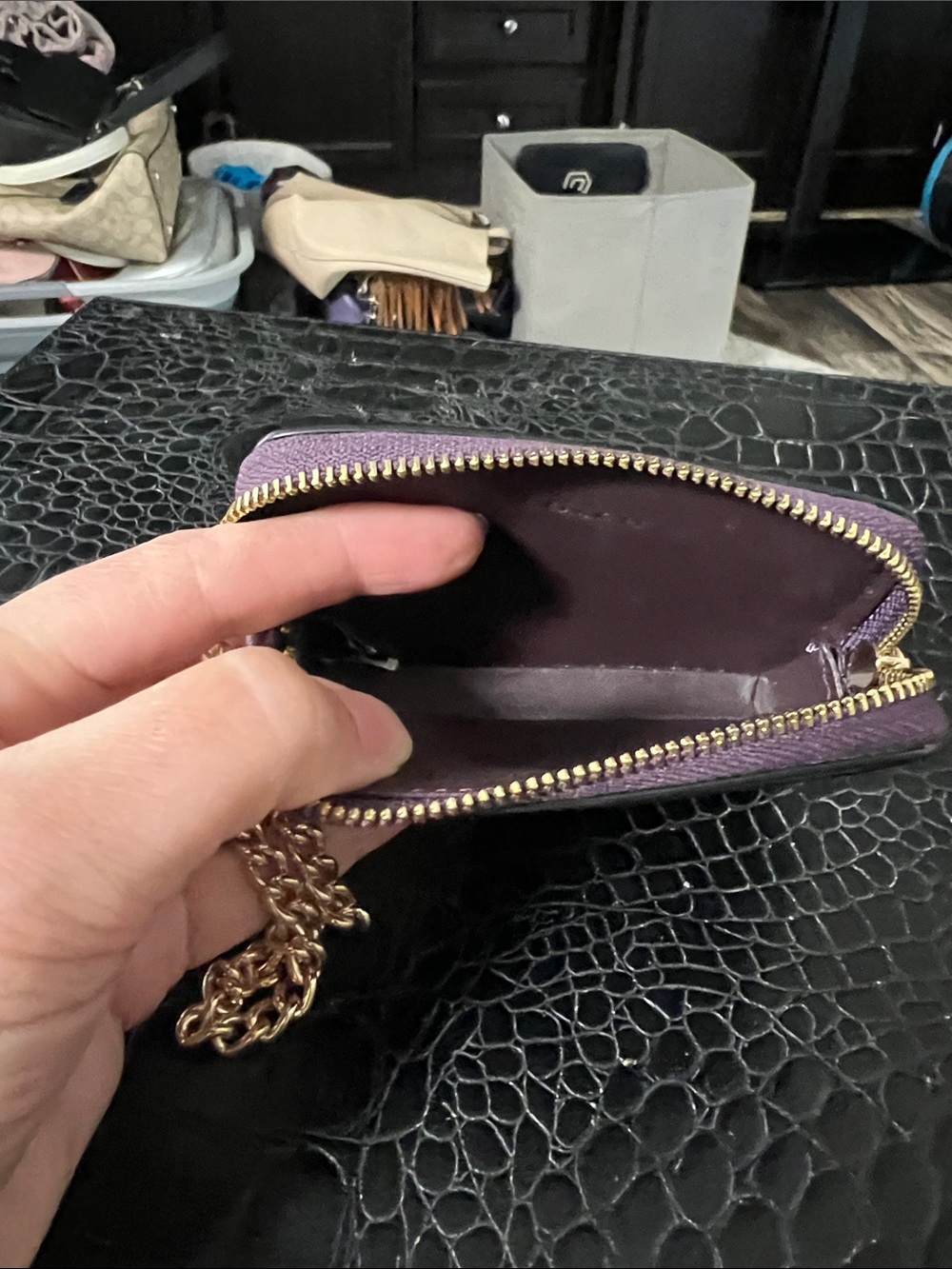 Coach Purple Leather Card Case with Gold Chain - Picture 3 of 3